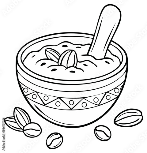 Stylized Drawing of a Bowl of Porridge with Coffee Beans and Spoon
