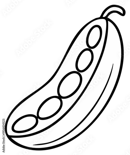 Open pea pod with visible peas inside, outline illustration for coloring