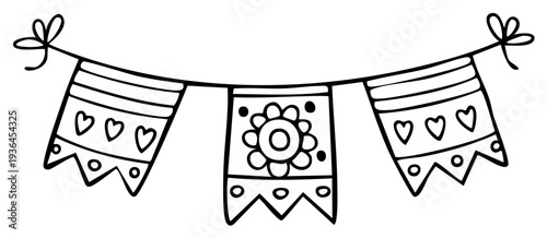 Hand drawn festive bunting flags with hearts and floral patterns simple doodle