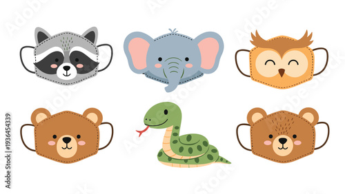 Collection of cute animal-themed face masks for children featuring a raccoon, elephant, owl, bear, and snake for fun and protection.