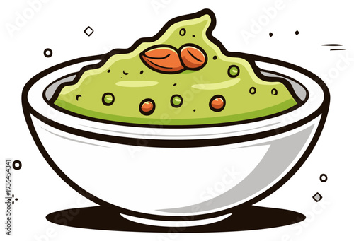 Bright Green Guacamole in White Bowl Topped with Nuts and Spices Ready to Eat