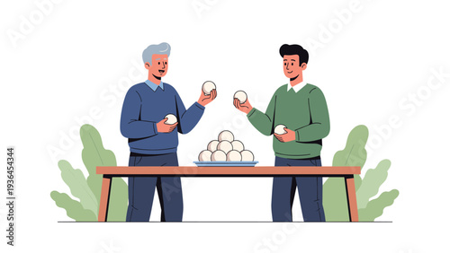 Two men, one older and one younger, happily playing a traditional game with small white balls at a table in a peaceful outdoor setting with plants.