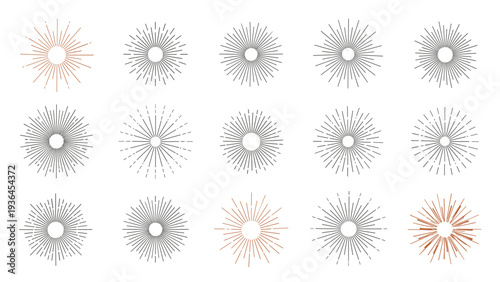 Comprehensive collection of fifteen diverse sunburst and starburst designs in various line weights and styles for creative graphic design projects.