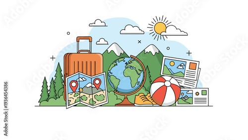 Vibrant travel and tourism concept featuring an orange suitcase, world globe, map, beach ball, and majestic mountains under a bright sun.