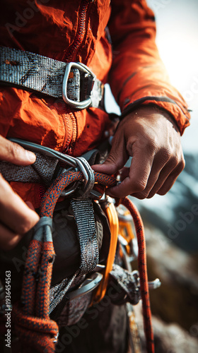 Wallpaper Mural Close-up of mountaineer hands holding ropes and carabiners. Concept of climbing preparation, safety, professional gear, risk management, outdoor activity, and technical equipment details. Torontodigital.ca