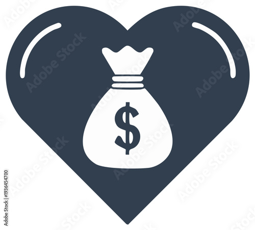 Money bag with dollar sign nestled in a dark heart shape illustration icon suggesting financial love or valuable treasure