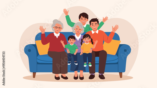 Multi-generational happy family including grandparents, parents, and children sitting together on a large blue sofa and waving with joyful smiles.
