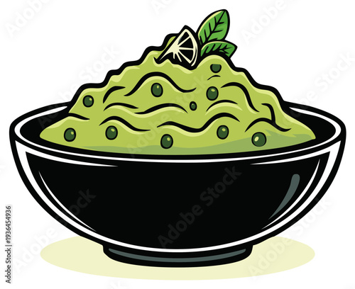Vibrant bowl overflowing with freshly made creamy guacamole topped with lime and mint leaves