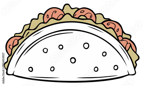 Shrimp Taco Illustration: Outlined Shrimp Taco with Shredded Lettuce in Flat Style, Minimalist Food Icon