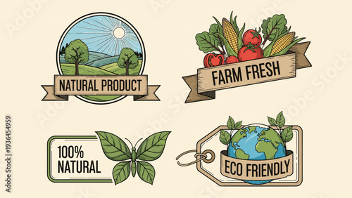 Collection of eco friendly and natural product labels featuring hand drawn illustrations of landscapes, fresh vegetables, and the earth.