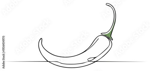 Continuous one line drawing of a hot spicy chili pepper with a green accent