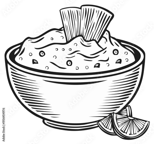 Bowl of Savory Dip with Bread Sticks and Lemon Slices in a Hand Drawn Style