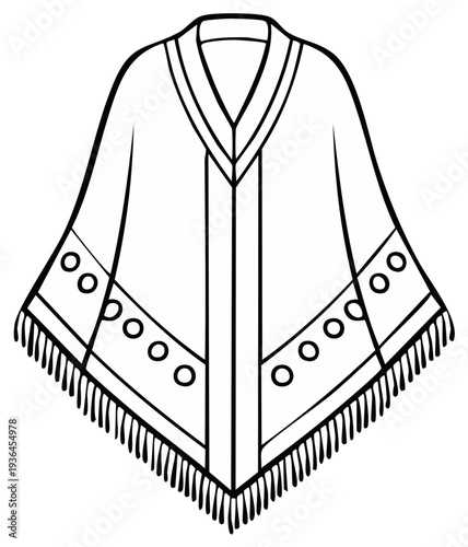 Stylized Outline of a Traditional Poncho with Fringe and Decorative Circles