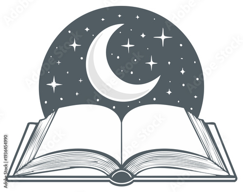 Open Book Under Crescent Moon and Stars Symbolizing Nighttime Reading and Imagination