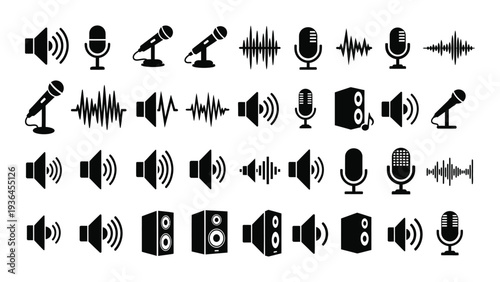 A collection of black and white icons representing audio equipment and sound waves