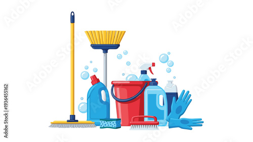 Arrangement of various household cleaning supplies including buckets, brooms, detergent bottles, brushes, and protective gloves on white.