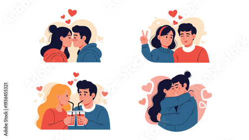Set of cute romantic couple illustrations depicting young men and women kissing, hugging, and sharing drinks in a charming cartoon style.
