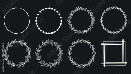Collection of delicate white wreaths made of leaves and beads shown on a dark black background for elegant wedding and card designs.