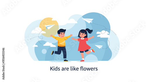 Two happy children jumping for joy while playing with paper airplanes against an abstract blue and yellow sky background with clouds.