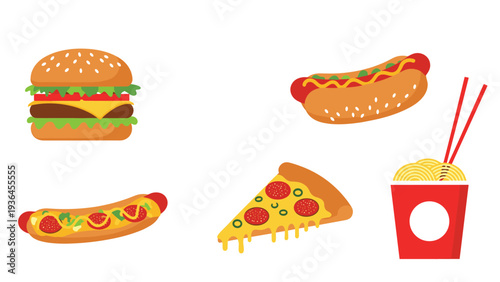 Assortment of fast food icons including a juicy hamburger, hot dogs with mustard, a slice of pepperoni pizza, and a cup of noodles.