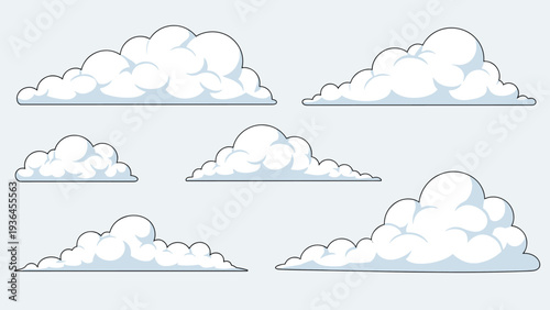 Set of six white fluffy clouds with stylized outlines and soft shadows presented on a light grey background for digital illustrations.