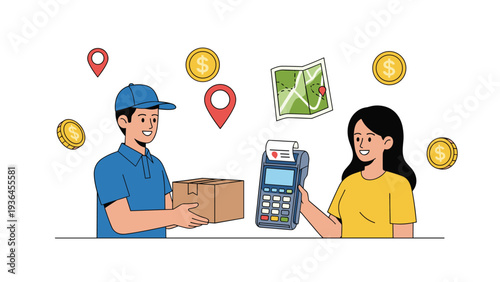 Delivery person handing over a package to a female customer who is paying with a card at a mobile terminal, surrounded by coin icons.