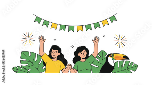 Two women celebrating with their arms raised while standing amongst tropical leaves and a colorful toucan bird with festive bunting.