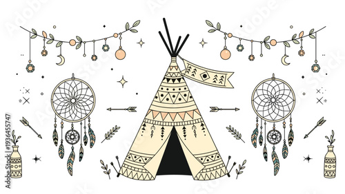 Intricate boho scene featuring a decorated teepee, dreamcatchers, arrows, and garlands with celestial and tribal elements for decor.