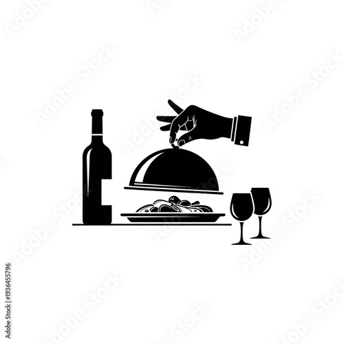 Fine Dining Restaurant Table with Wine Bottle and Food Silhouette