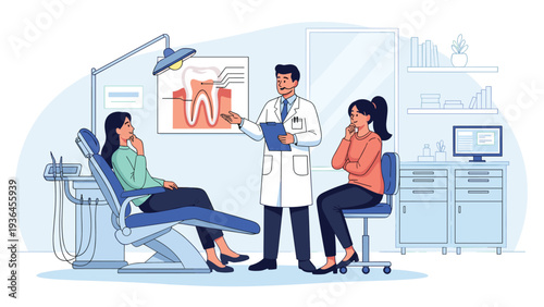 Professional dentist uses a diagram of a tooth to explain a dental procedure to a young female patient and her concerned companion.