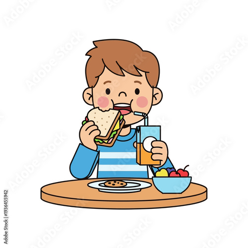 Boy Eating Sandwich and Drinking Juice at Table