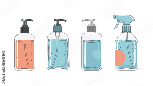Collection of transparent plastic pump and spray bottles containing blue and peach colored liquids for hygiene and cleaning products.