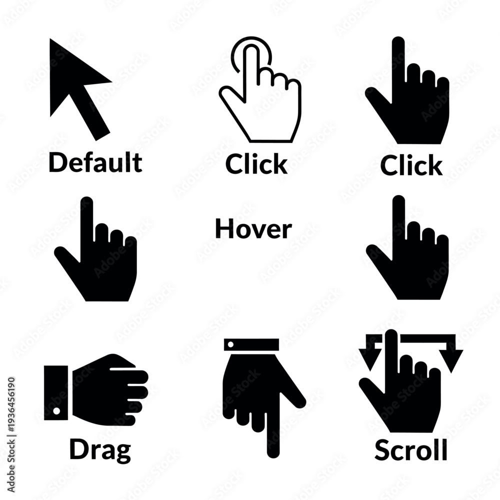 Fototapeta premium Mouse Cursor Click Hover Scroll Icons Interaction Vector