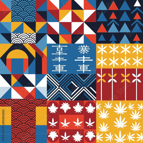 Abstract Geometric Patterns with Asian Motifs and Traditional Japanese Designs
