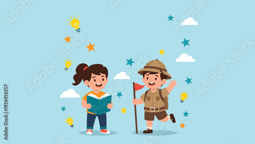 Two curious children explore and learn together with a girl reading a book and a boy in a scout uniform holding a flag.