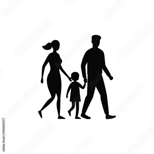 Happy family walking together silhouette parents and child lifestyle togetherness concept minimal vector isolated on white background