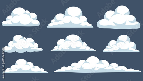 Collection of pixel art cloud sprites in various shapes and sizes displayed against a dark blue sky background for game design.