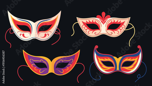 Collection of four vibrant and ornate masquerade masks in various colors and designs suitable for carnival or theater festivals.
