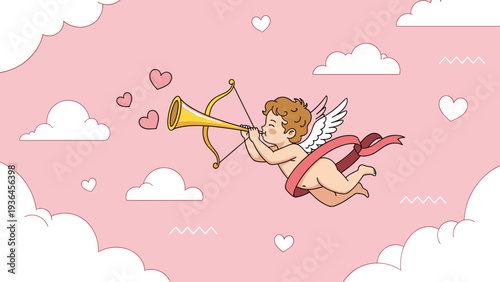 Cute cupid character flies through a pink sky filled with white clouds and hearts while blowing a golden horn shaped like a bow.