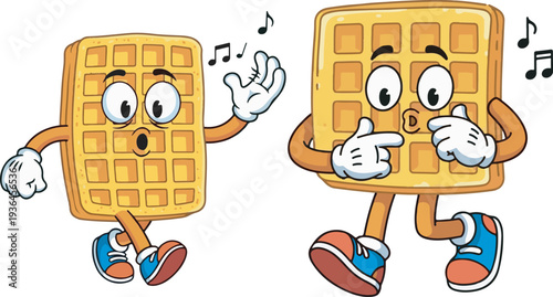 Two cheerful cartoon waffle characters dancing and singing with musical notes, a fun vector illustration for food-related designs, menus, or children's content.
