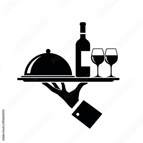 Restaurant Waiter Serving Tray with Wine Bottle and Glasses