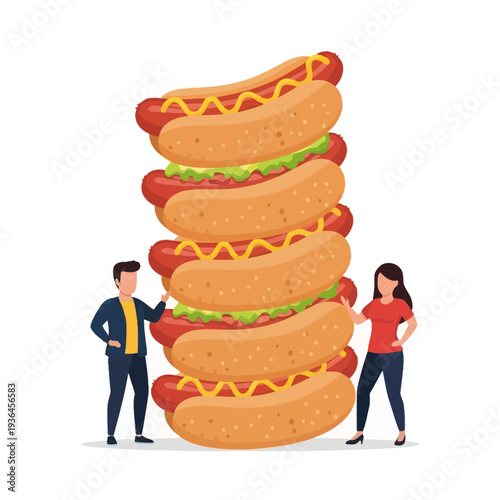Giant Stack of Hot Dogs with Mustard and Relish, Couple Admiring Food