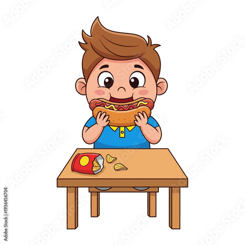 Happy boy eating a big hot dog and chips at a wooden table, isolated on white background