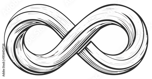 Hand drawn black and white infinity symbol with textured lines and loops on white background