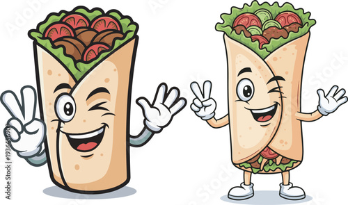 Two happy cartoon shawarma or burrito characters, one winking and making a peace sign, the other standing with a peace sign, both filled with meat and vegetables, perfect for food menus