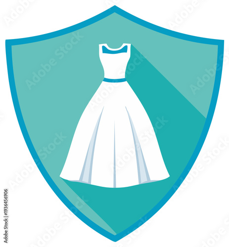 Elegant wedding dress icon inside a teal shield shape, flat vector design