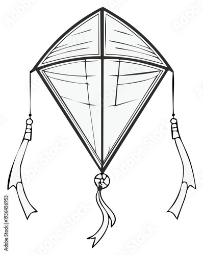 Line art illustration of a diamond kite with tassels and decorative details on a plain backdrop