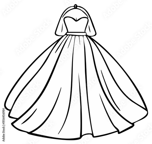 Elegant wedding dress illustration with veil, contour drawing, bridal gown design