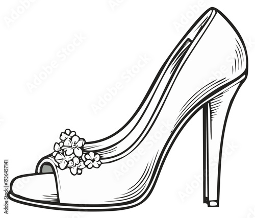 Elegant Peep Toe High Heel Shoe With Flower Embellishment Line Art