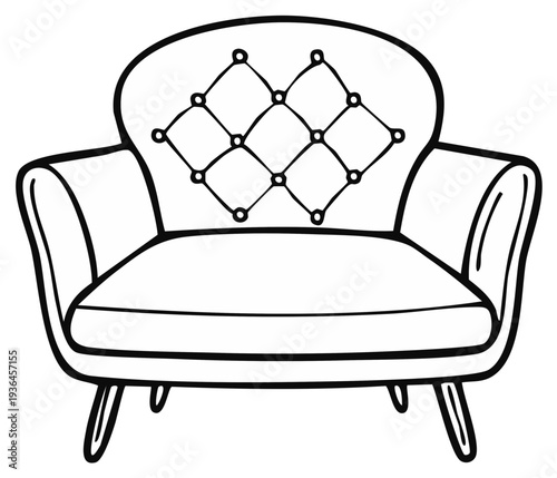 Stylized upholstered armchair with diamond tufting and curved arms and legs in outline drawing